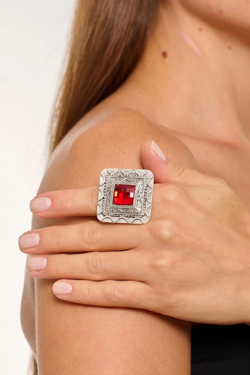 Kiraz Red Crystal Stoned Silver Plated Ring