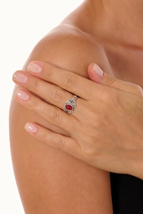 Kiraz Burgundy Stoned Silver Plated Ring