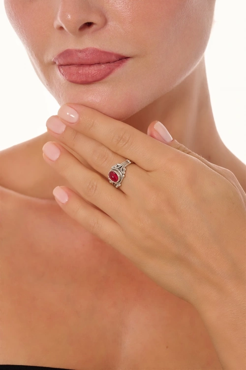 Kiraz Burgundy Stoned Silver Plated Ring