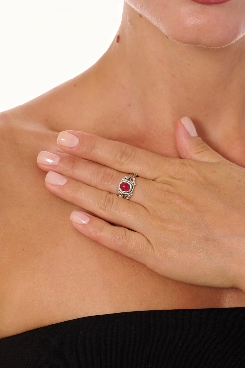Kiraz Burgundy Stoned Silver Plated Ring