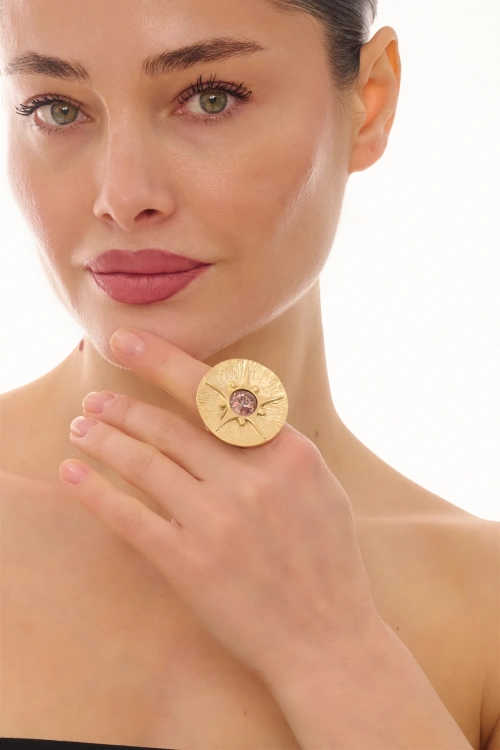 Kiraz Rose Color Crystal Stoned Gold Plated Ring