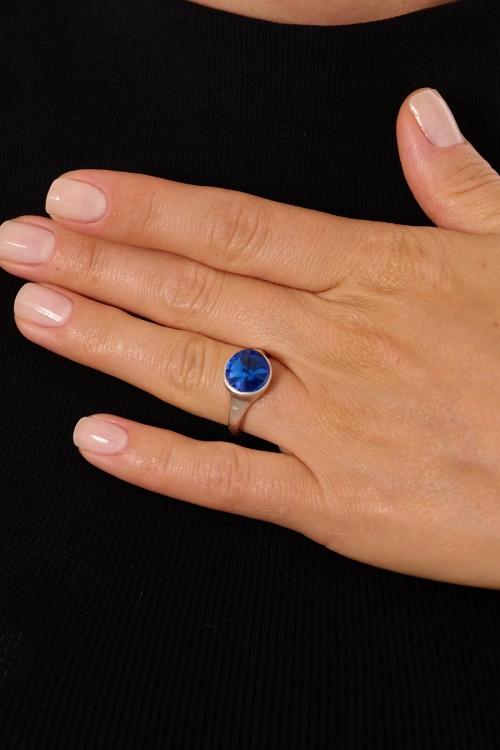 Kiraz Navy Blue Crystal Stoned Silver Plated Ring