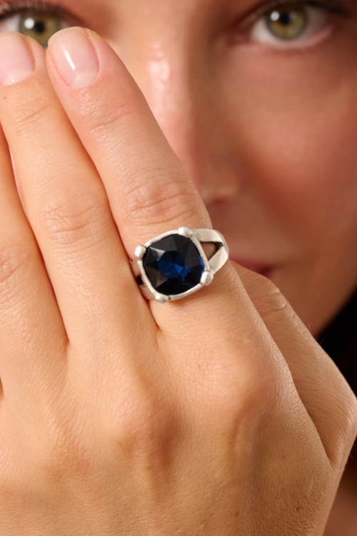 Kiraz Navy Blue Crystal Silver Plated Ring