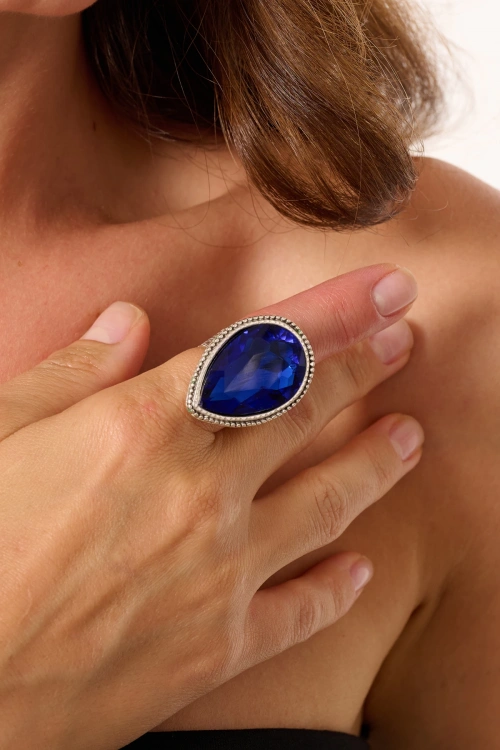 Kiraz Blue Crystal Stoned Silver Plated Ring
