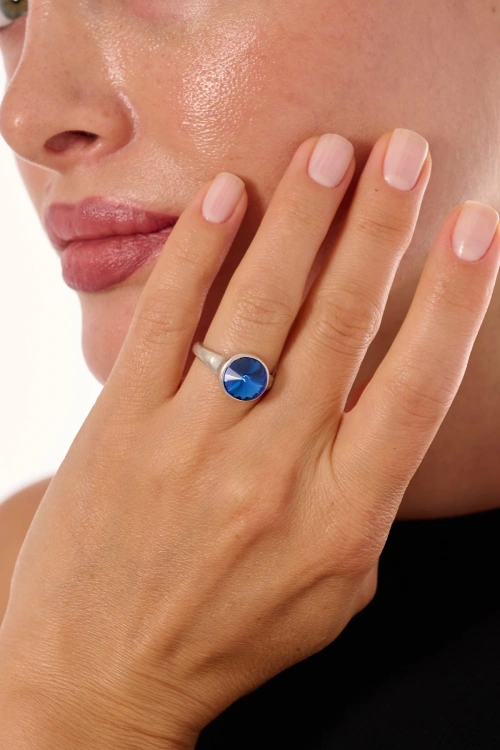 Kiraz Navy Blue Crystal Stoned Silver Plated Ring