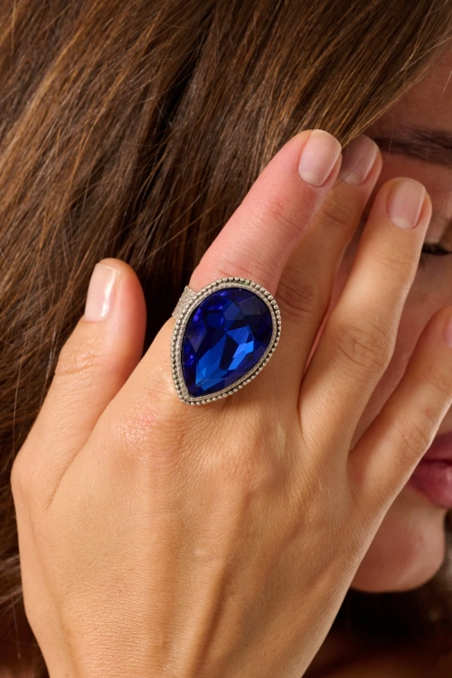 Kiraz Blue Crystal Stoned Silver Plated Ring