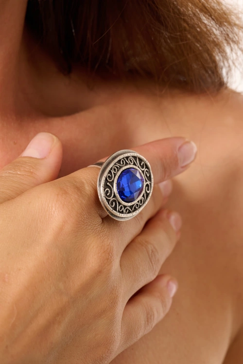 Kiraz Blue Crystal Stoned Silver Plated Ring