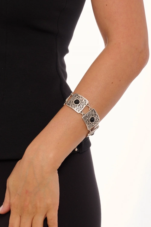 Kiraz Black Stoned Silver Plated Bracelet