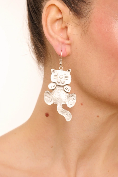 Kiraz Silver Plated Cat Earring