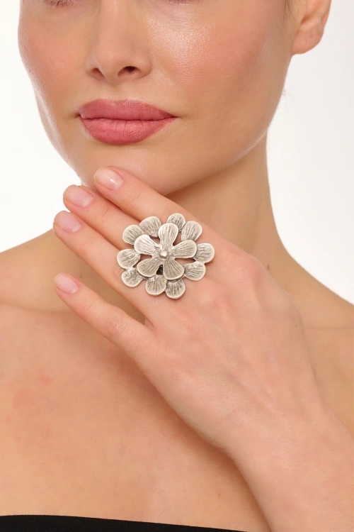 Kiraz Silver Plated Flower Ring