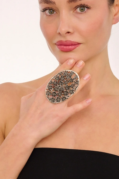 Kiraz Silver Plated Multi Flowers Ring