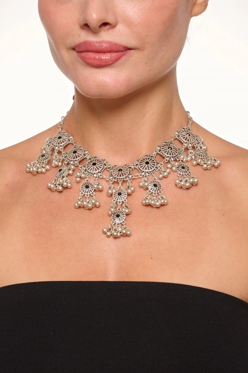 Kiraz Black Crystal Stoned Silver Plated Necklace