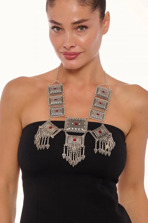 Kiraz Burgundy Stoned Silver Plated Necklace