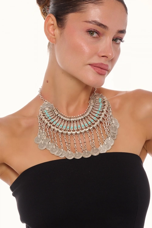 Kiraz Turquoise Stoned Cleopatra Silver Plated Necklace