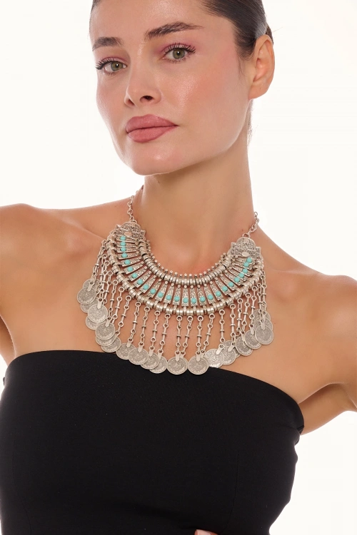 Kiraz Turquoise Stoned Cleopatra Silver Plated Necklace