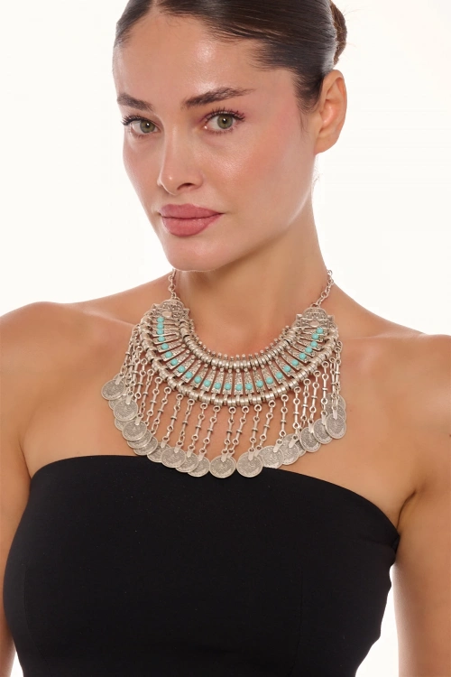 Kiraz Turquoise Stoned Cleopatra Silver Plated Necklace