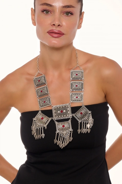 Kiraz Burgundy Stoned Silver Plated Necklace