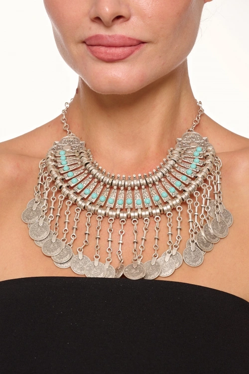 Kiraz Turquoise Stoned Cleopatra Silver Plated Necklace