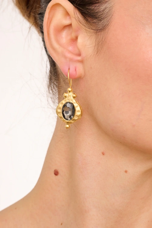 Kiraz Smoked Crystal Stoned Gold Plated Earring