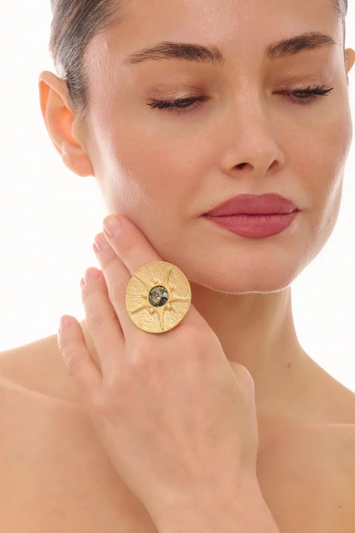Kiraz Smoked Crystal Stoned Gold Plated Ring