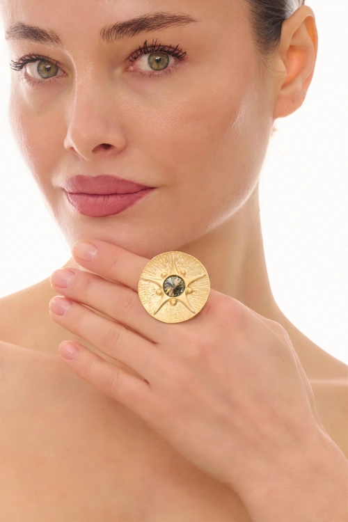 Kiraz Smoked Crystal Stoned Gold Plated Ring