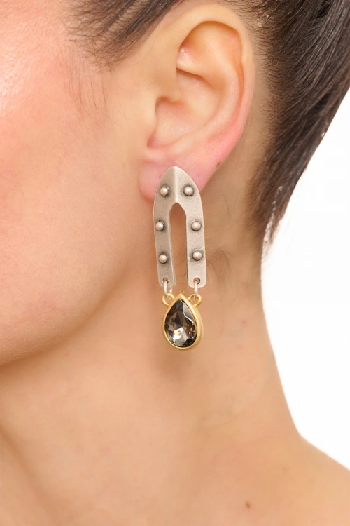 Kiraz Smoked Crystal Stoned Silver And Gold Plated Earring