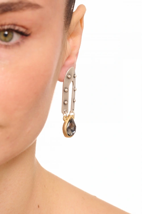 Kiraz Smoked Crystal Stoned Silver And Gold Plated Earring
