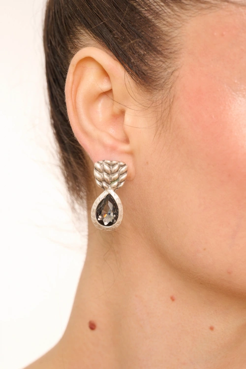 Kiraz Smoked Crystal Stoned Silver Plated Earring