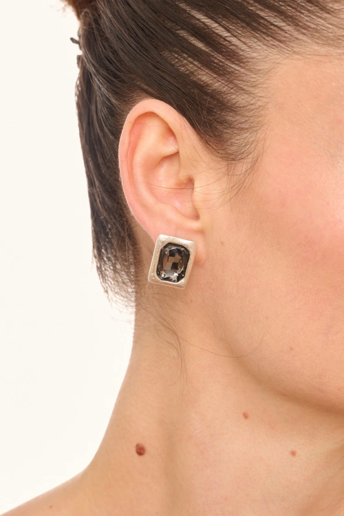 Kiraz Smoked Crystal Stoned Silver Plated Earring