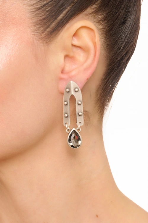 Kiraz Smoked Crystal Stoned Silver Plated Earring