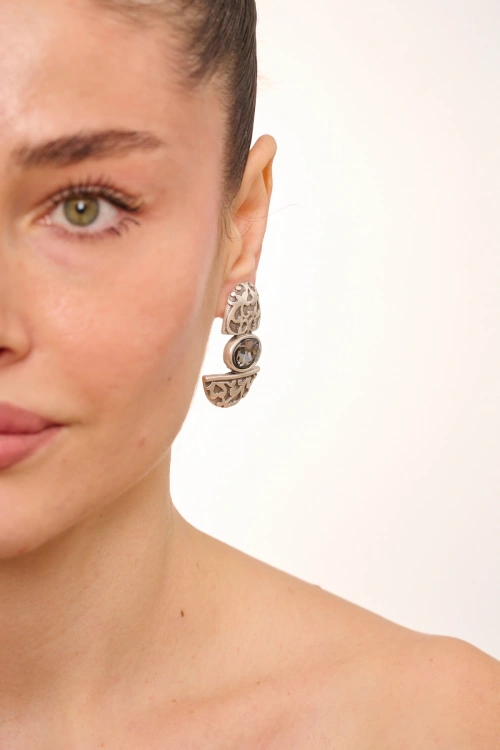 Kiraz Smoked Crystal Stoned Silver Plated Earring