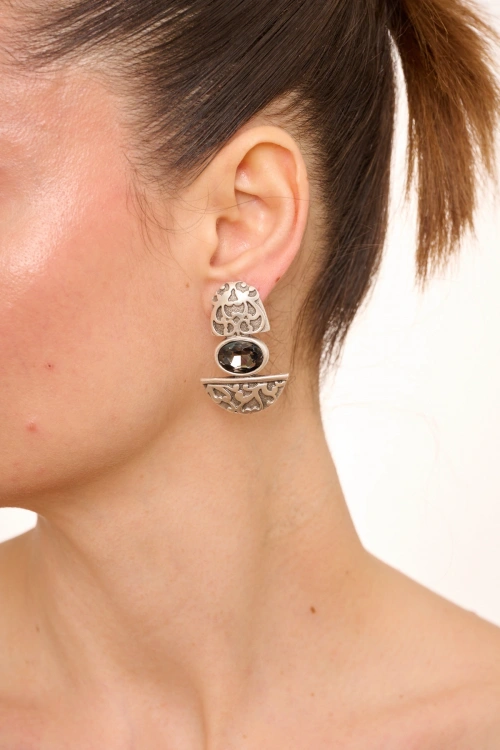 Kiraz Smoked Crystal Stoned Silver Plated Earring