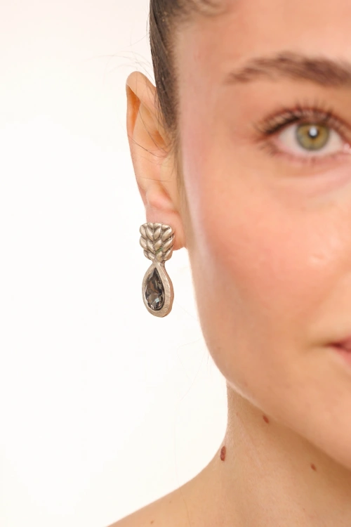 Kiraz Smoked Crystal Stoned Silver Plated Earring