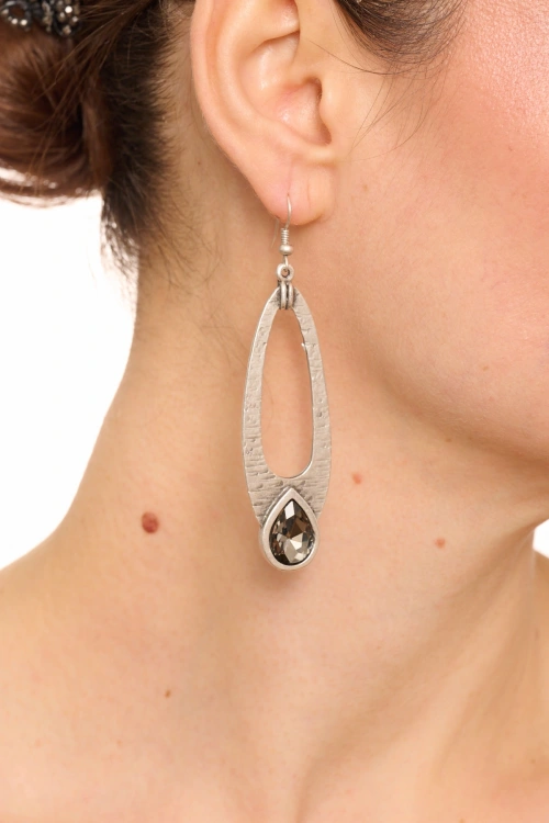 Kiraz Smoked Crystal Stoned Silver Plated Earring