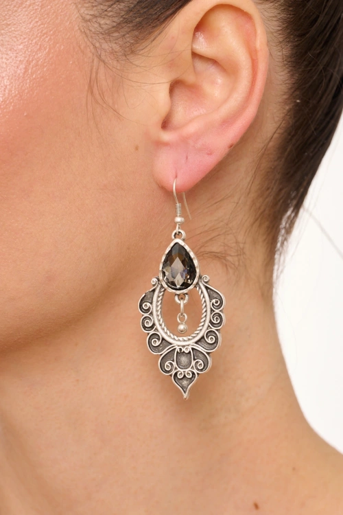 Kiraz Smoked Crystal Stoned Silver Plated Earring