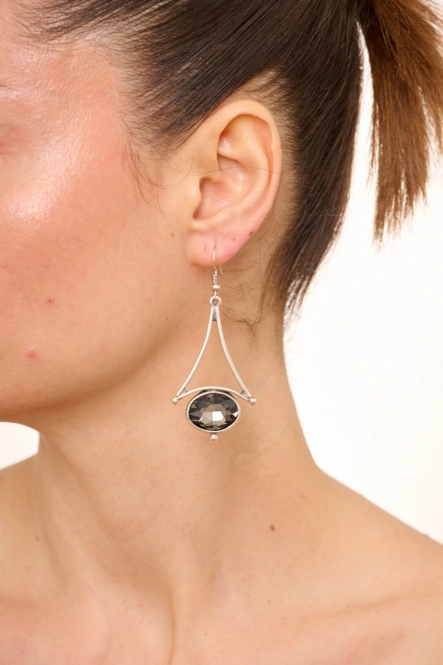 Kiraz Smoked Crystal Stoned Silver Plated Earring