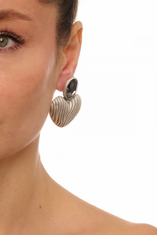 Kiraz Smoked Crystal Stoned Silver Plated Heart Earring