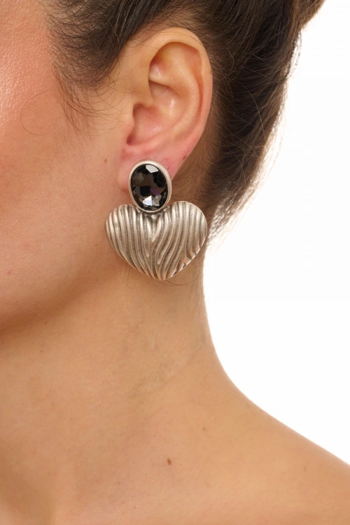 Kiraz Smoked Crystal Stoned Silver Plated Heart Earring