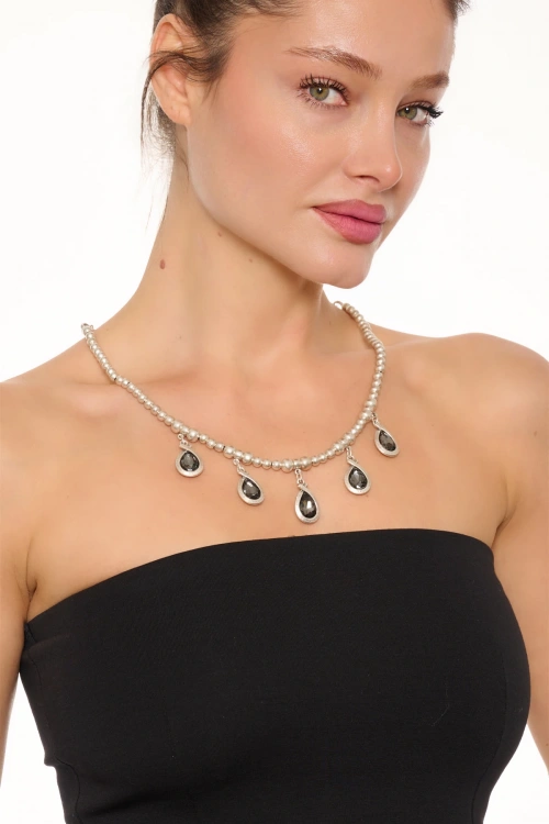 Kiraz Smoked Crystal Stoned Silver Plated Necklace