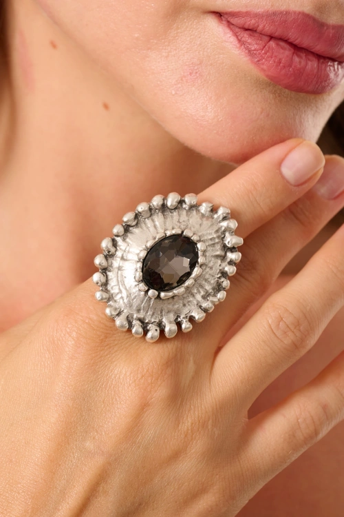 Kiraz Smoked Crystal Stoned Silver Plated Ring
