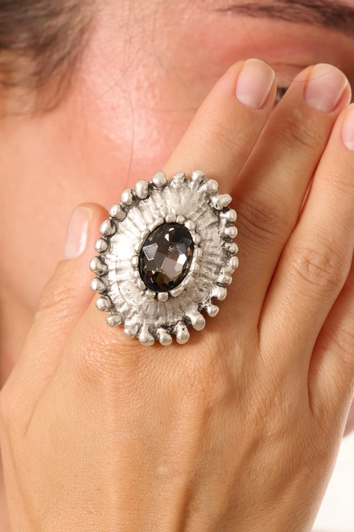 Kiraz Smoked Crystal Stoned Silver Plated Ring