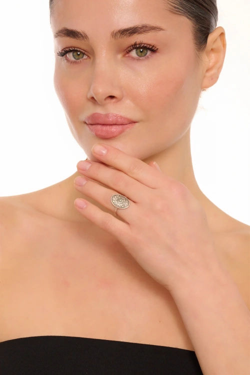 Kiraz Smoked Crystal Stoned Silver Plated Ring