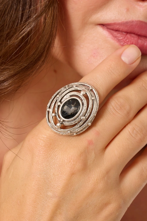 Kiraz Smoked Crystal Stoned Silver Plated Ring