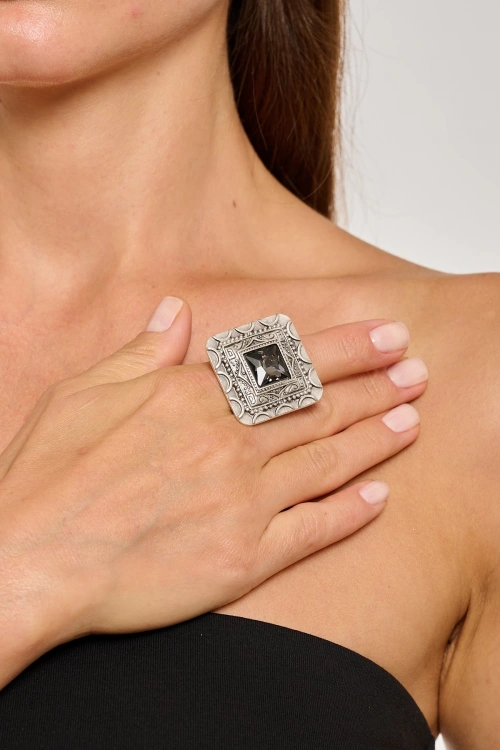 Kiraz Smoked Crystal Stoned Silver Plated Ring