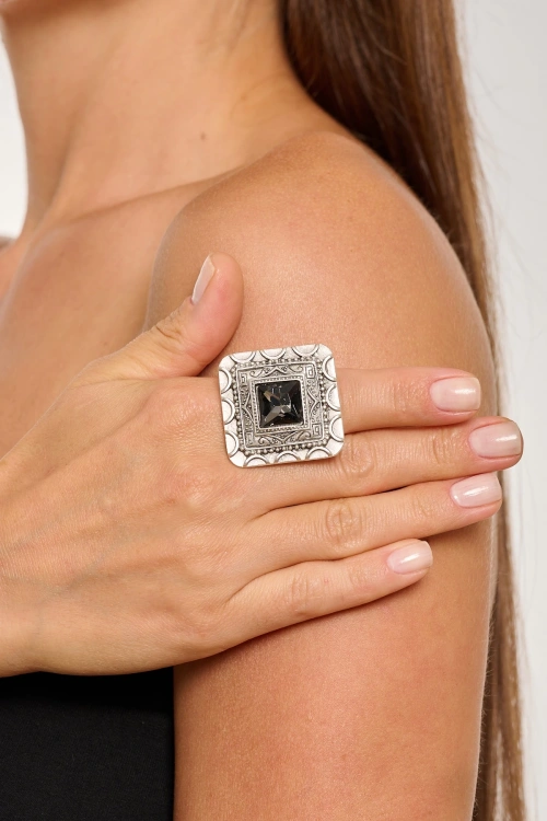 Kiraz Smoked Crystal Stoned Silver Plated Ring