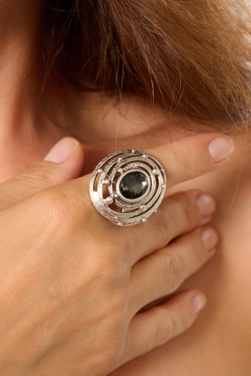 Kiraz Smoked Crystal Stoned Silver Plated Ring