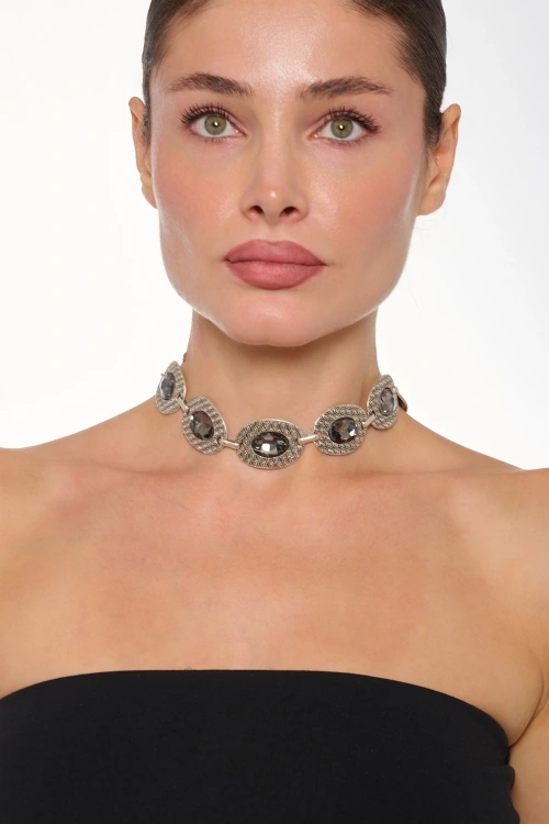 Kiraz Smoked Stoned Silver Plated Choker