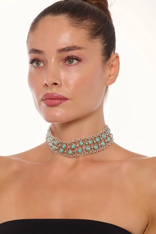 Kiraz Turquoise Stoned Choker Silver Plated Necklace