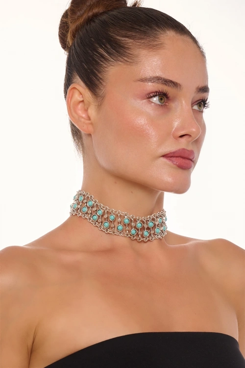 Kiraz Turquoise Stoned Choker Silver Plated Necklace