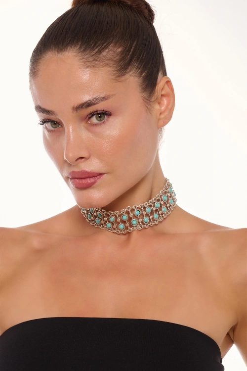 Kiraz Turquoise Stoned Choker Silver Plated Necklace